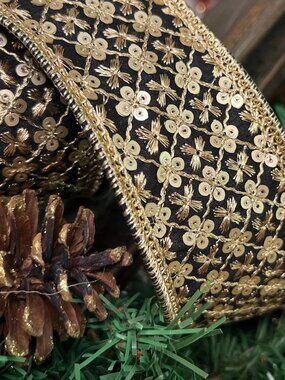 D.Stevens 2.5" Black & Gold Metallic Dupion Sequin Trim Ribbon Christmas Crafts